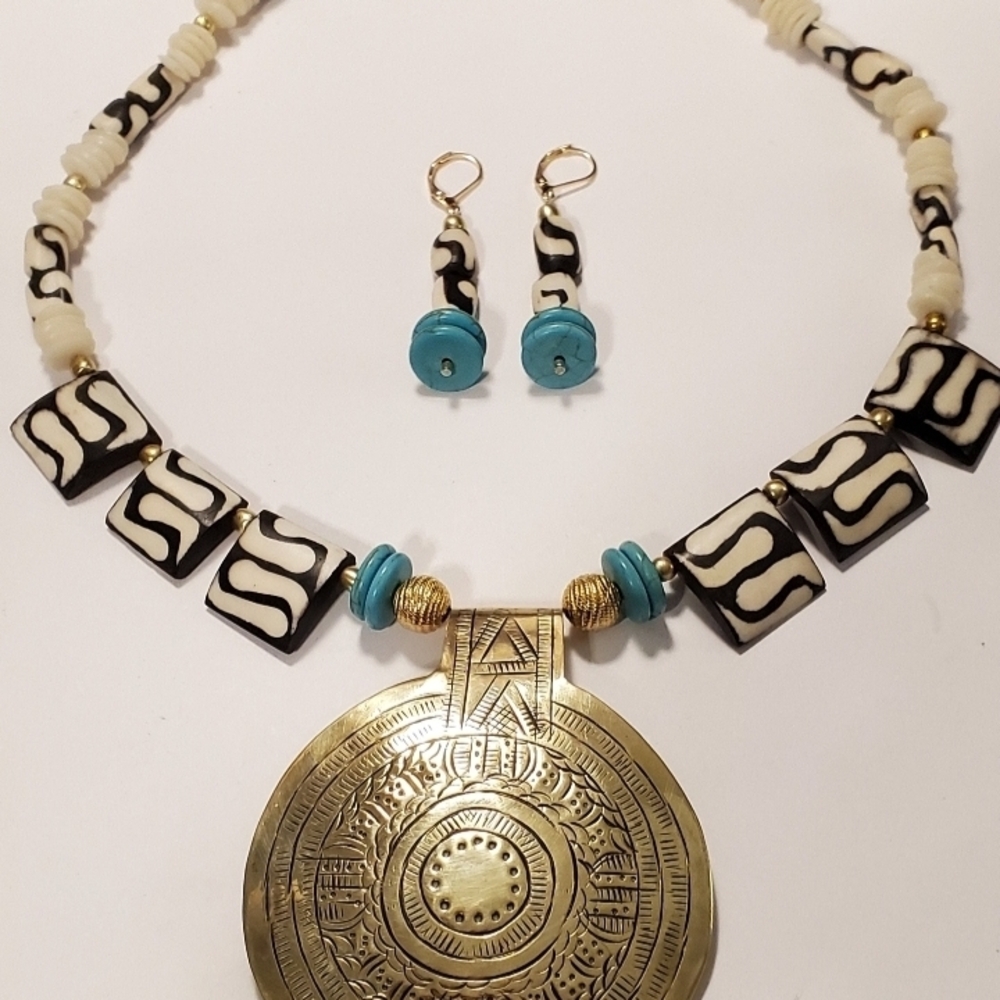 African Batik Bone Large Brass Pendant Turquoise White Heshi Necklace Earrings